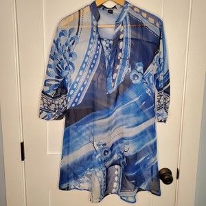 Chico's Womens Swim Beach Cover Kimono Blue Floral Sheer Button V Neck Size 00
